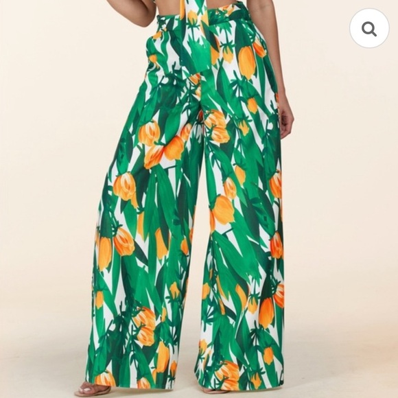 L'ATISTE Green and Orange Flare floral wide leg pants women’s size large - Picture 1 of 6